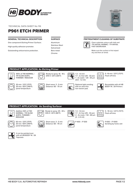 HB Body P961 1K Etch Primer Grey 1Lt/Can