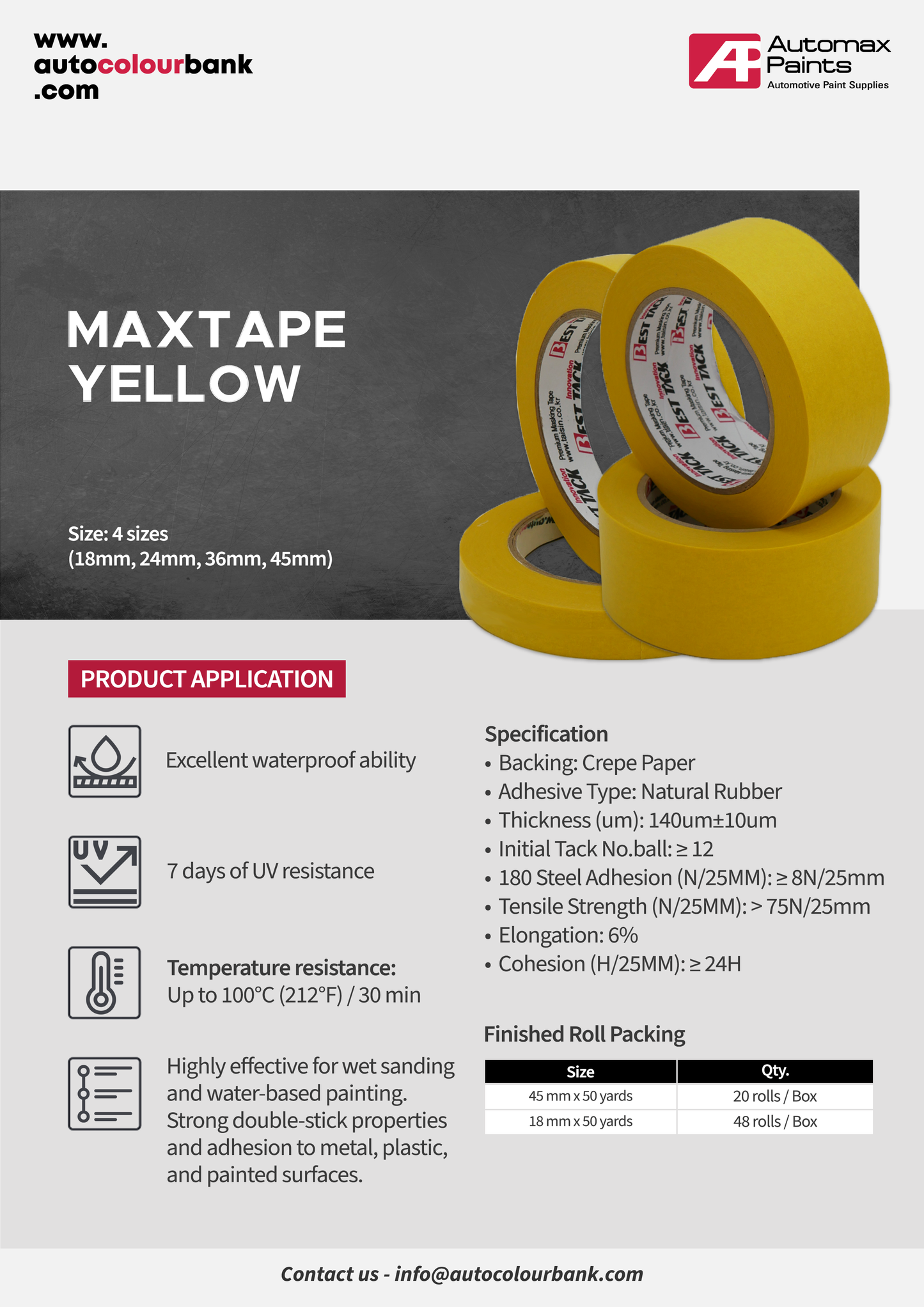 Yellow MaxTape 45mm X 50 yards*1BOX (20 rolls)