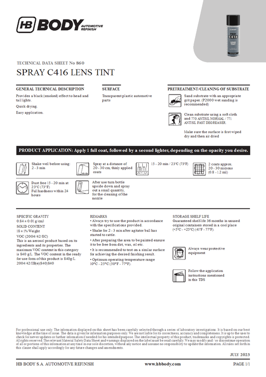 SPRAY BODY C416 LENS TINT BLACK TRANSPARENT 400ml/Can