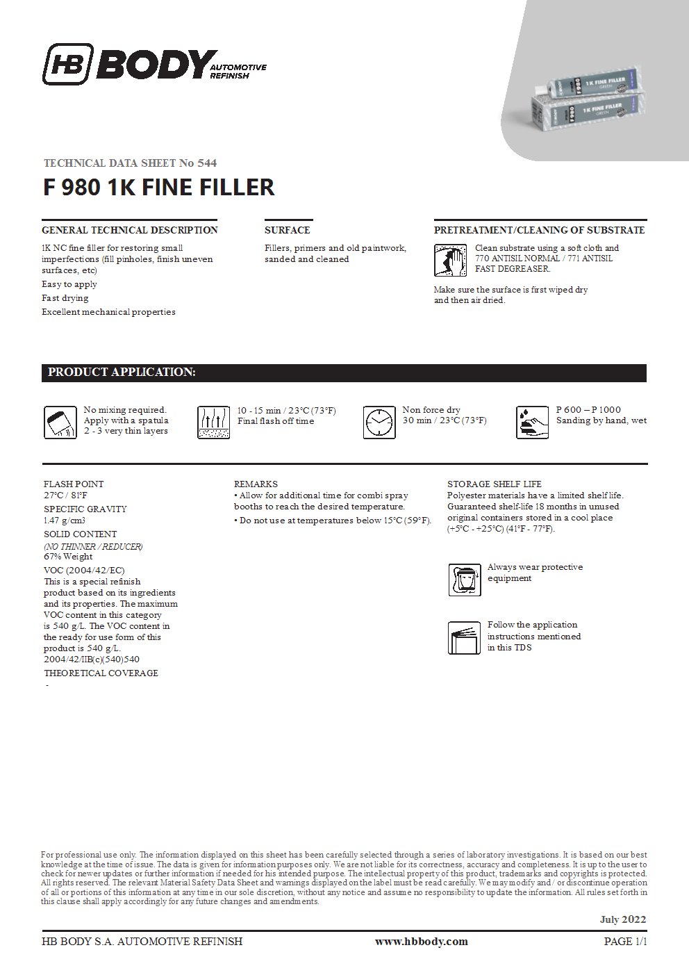 F980 1K Fine Filler Green 150g/EA