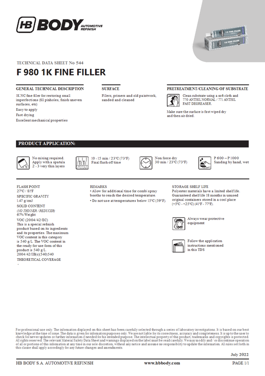 F980 1K Fine Filler Green 150g/EA