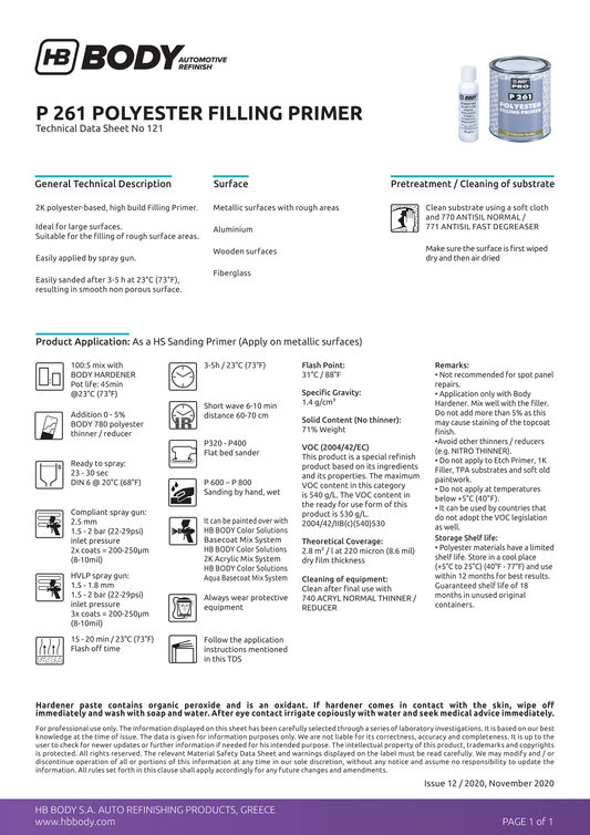 P261 Polyester Filling Primer GREY 1Lt/Can + Hardener