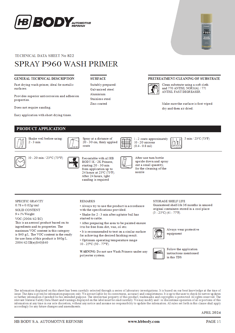 SPRAY 960 WASH PRIMER LIGHT YELLOW