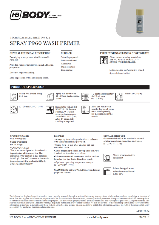 SPRAY 960 WASH PRIMER LIGHT YELLOW