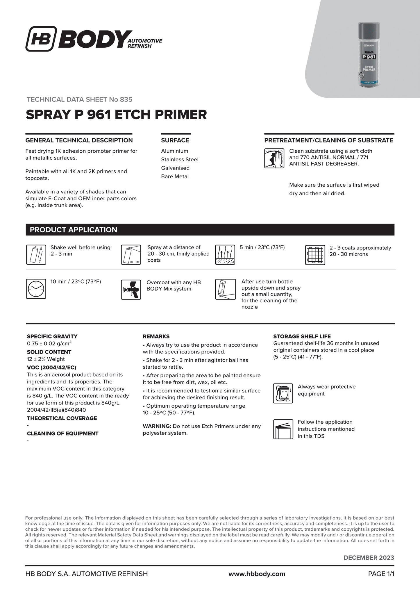 SPRAY P961 ETCH PRIMER LIGHT GREEN