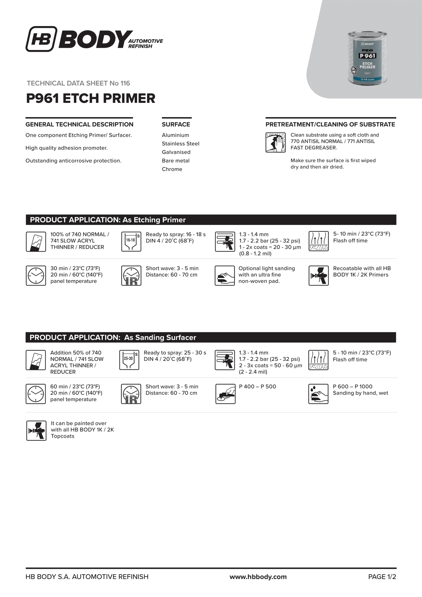 P961 1K Etch Primer Grey 1Lt/Can