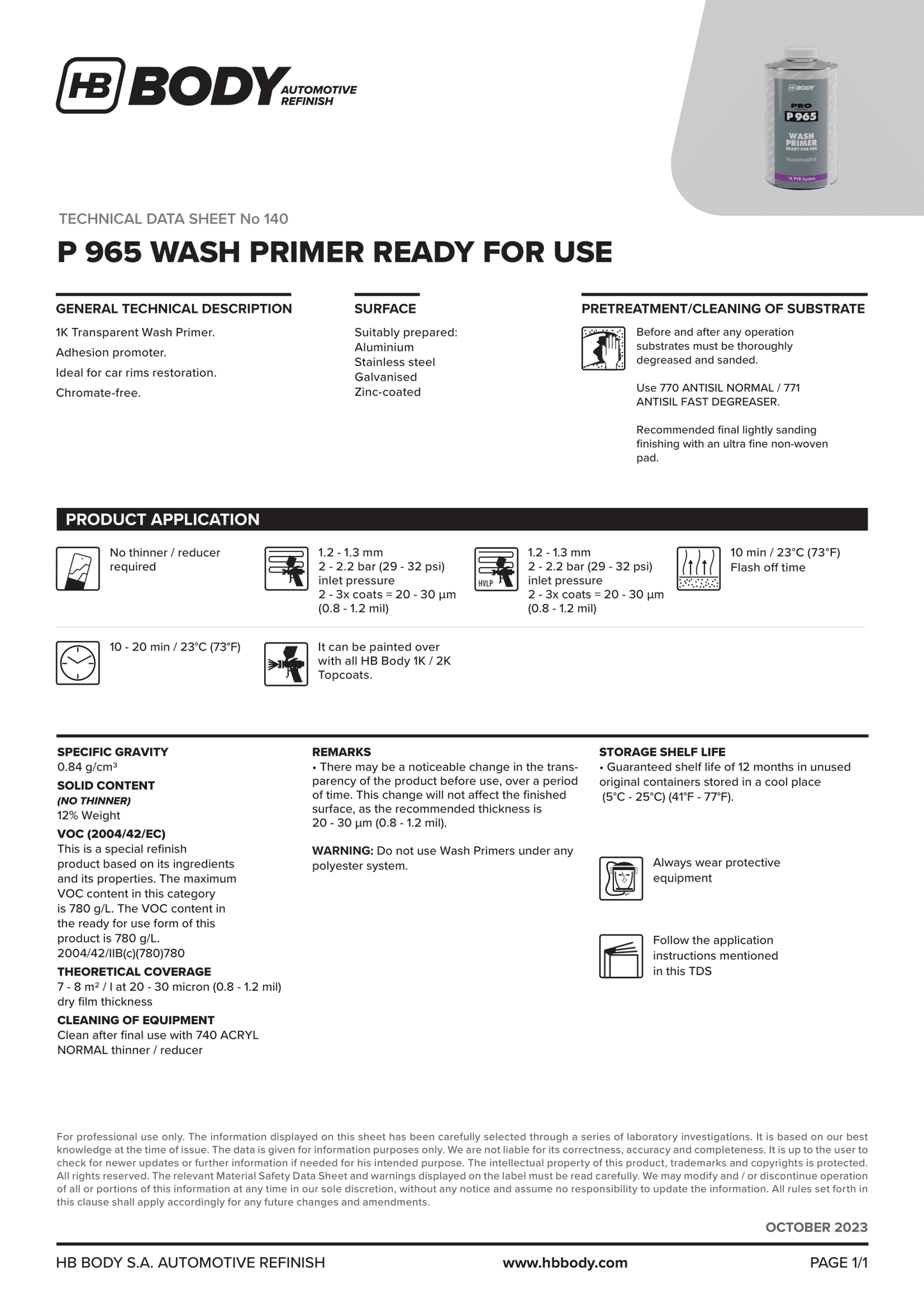 P965 WASH PRIMER TRANSPARENT 1Lt/Can